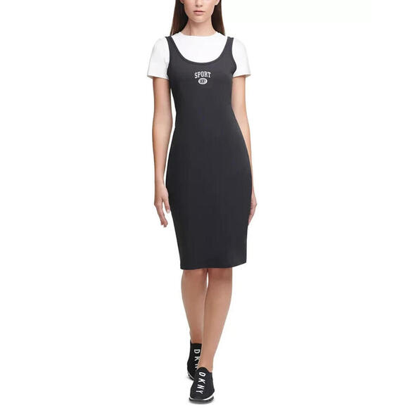 New Women's DKNY Sport Logo Front Layered Look T-Shirt Dress, Size: Small - Picture 1 of 4